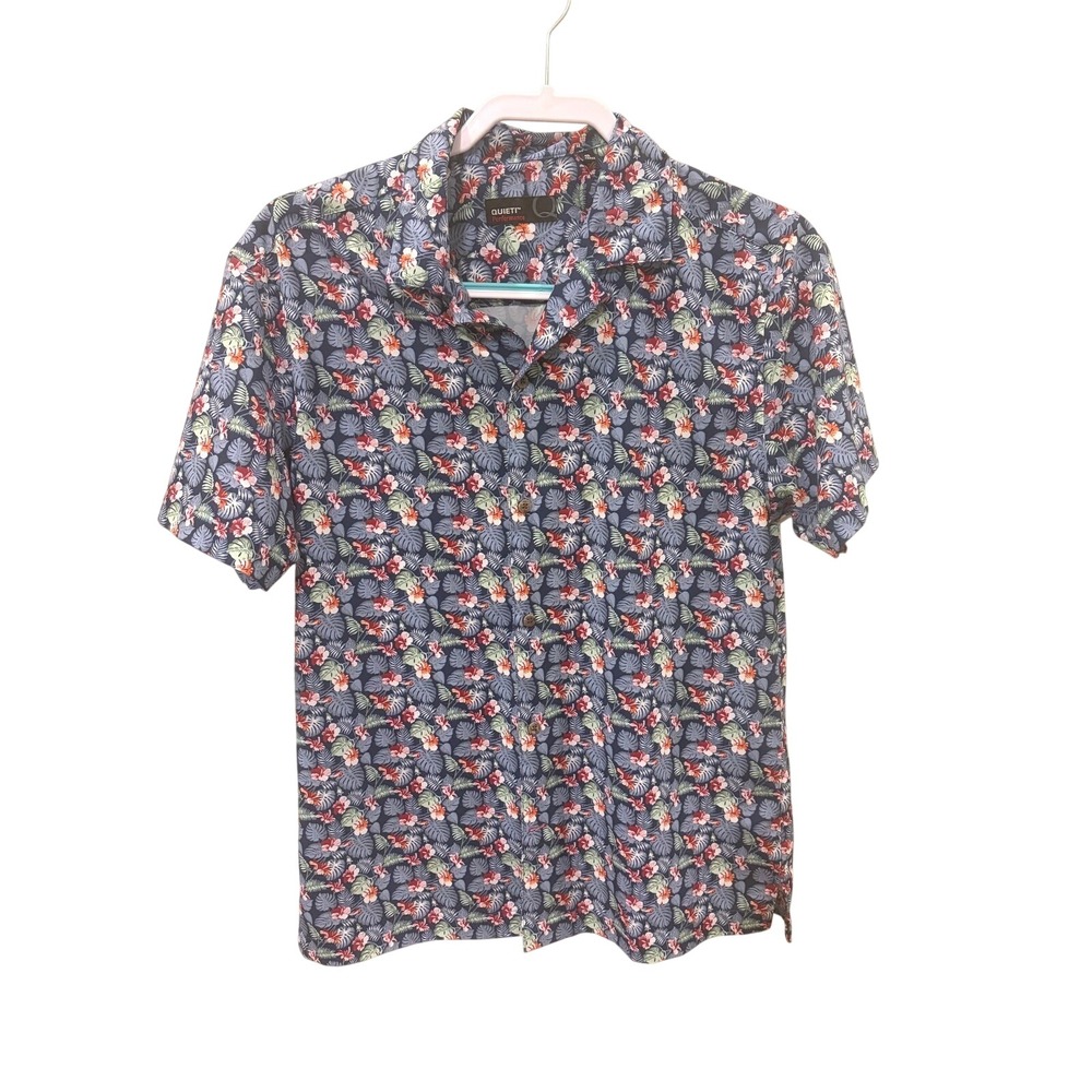 Quieti Performance Mens Small Blue Tropical Floral Hibiscus Camp Shirt RN 136361